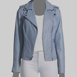 Neiman Marcus Women's Blue Leather Zip-Front  Moto Jacket